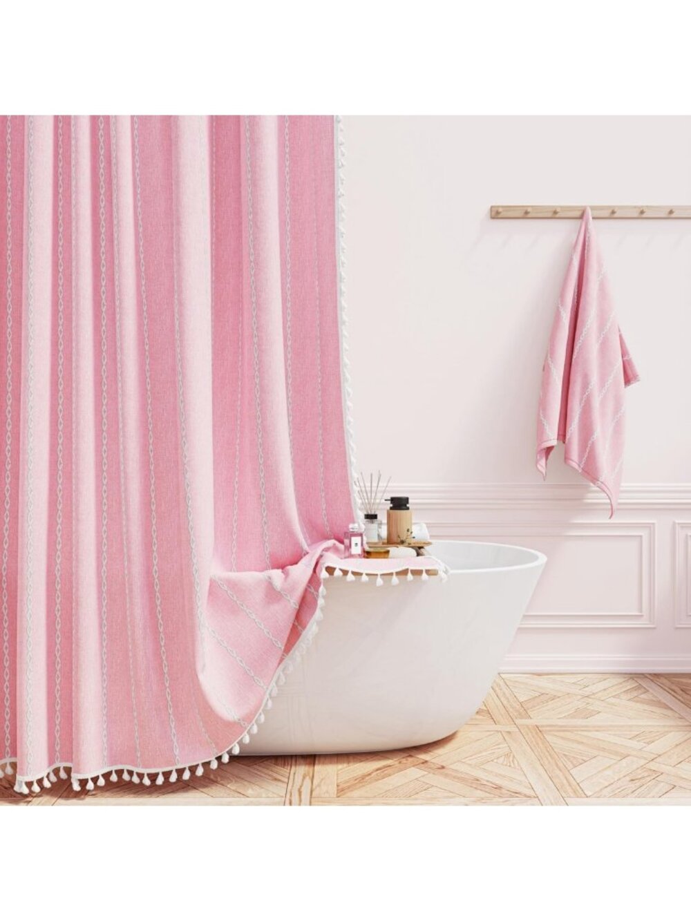 Blush Boho Farmhouse Linen Shower Curtain Set, Heavy Duty, 72x72, Bathroom Decor